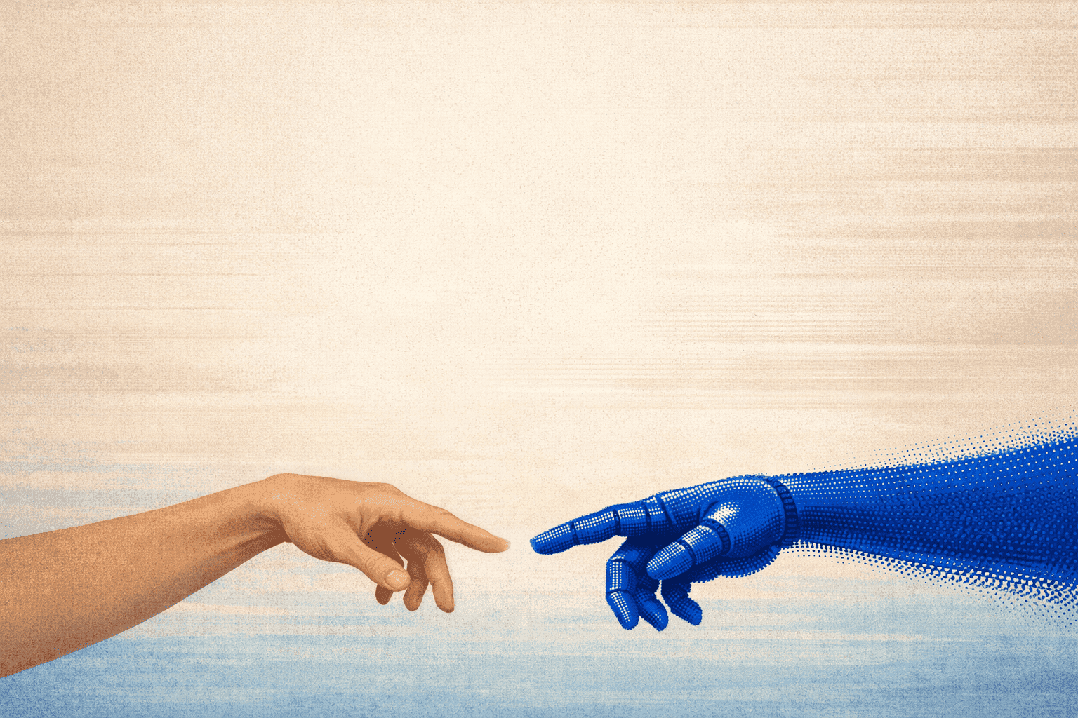 A human hand and an AI hand reaching toward each other, inspired by the Creation of Adam